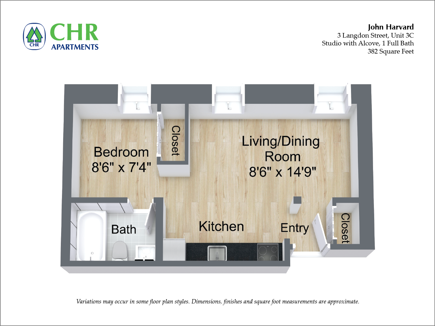 Floor plan for studio, 1 bath, 482 sqft